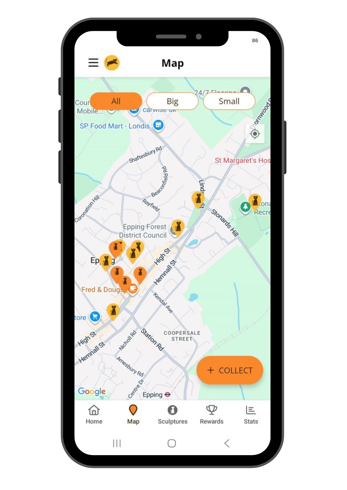 Smartphone screen showing a map with various icons, buttons labeled 'All,' 'Big,' and 'Small,' and a bottom menu with 'Home,' 'Map,' 'Sculptures,' 'Rewards,' and 'Stats'.