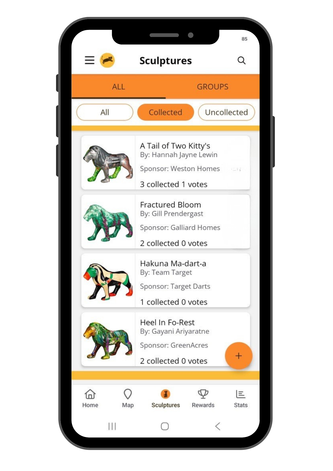 Mobile app screen showing a list of sculptures with images, titles, authors, sponsors, and votes, with navigation buttons at the bottom and a search icon at the top.