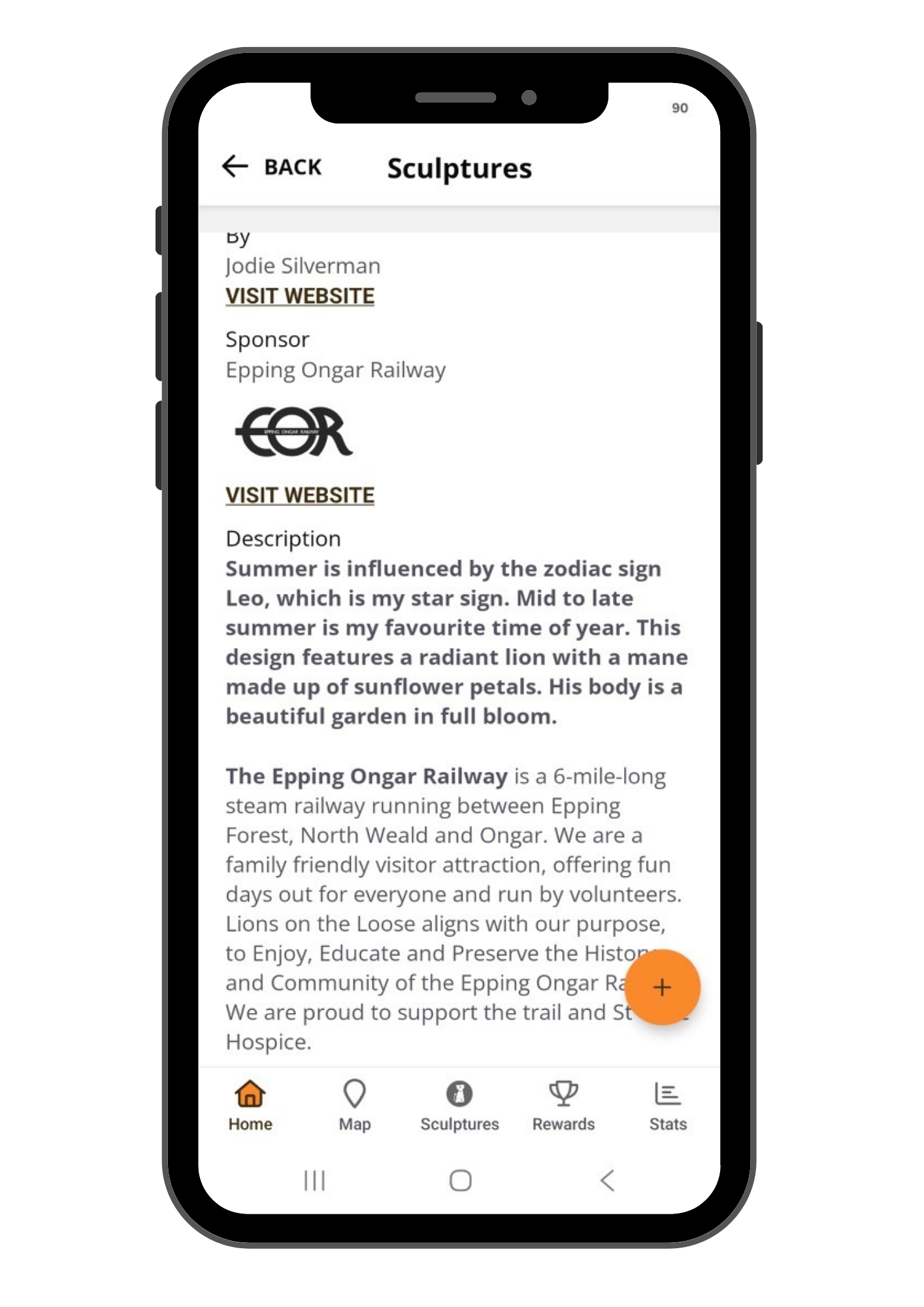 A smartphone screen displays a mobile app page about sculptures. The page includes a back arrow, the title 'Sculptures', and text describing sculptures and a railway. Navigation icons are at the bottom for Home, Map, Sculptures, Rewards, and Stats.