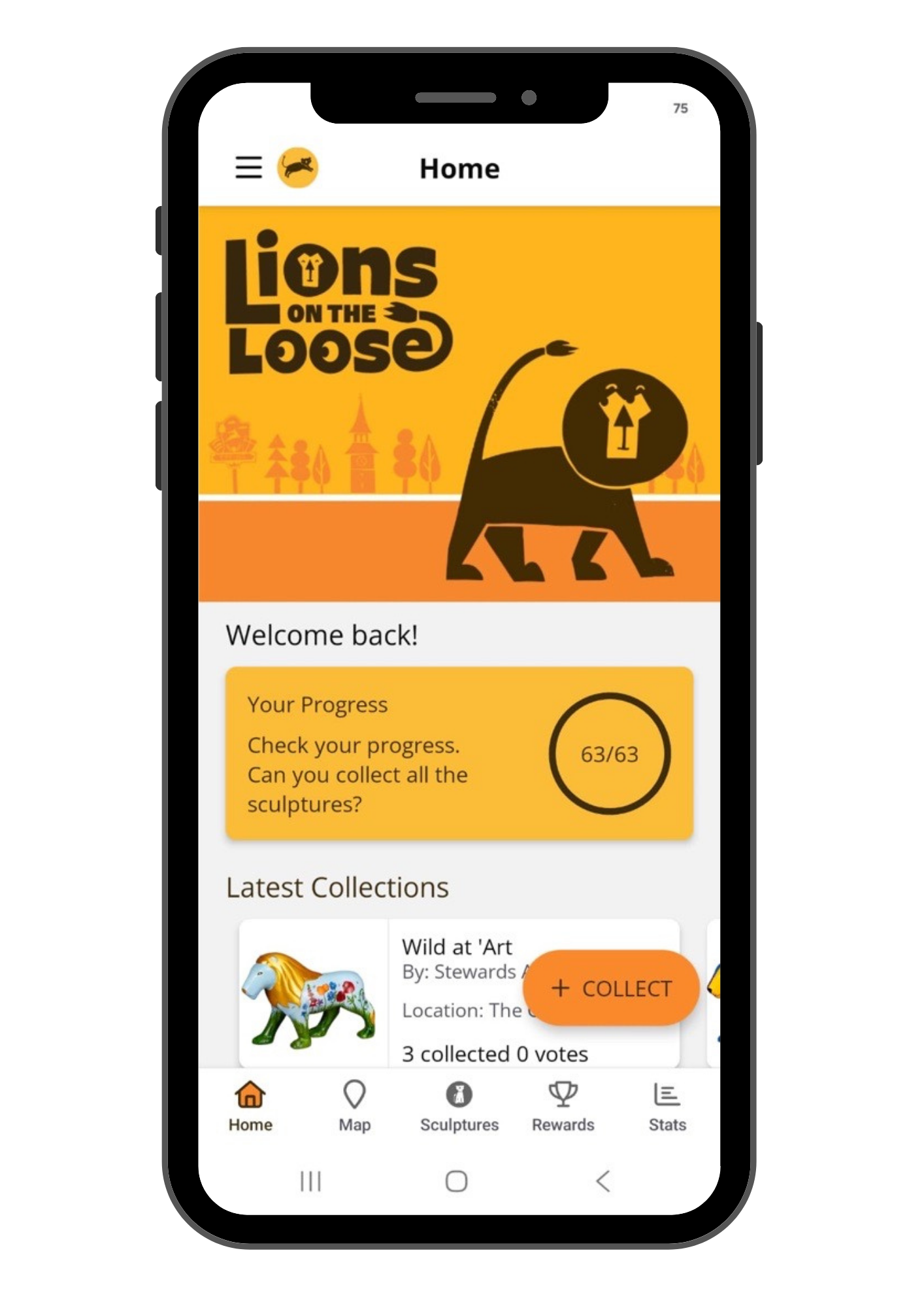Mobile app screen showing a logo of a lion, an illustration of a lion with a sculpture face, and text 'Lions on the Loose.' The app has a navigation menu at the bottom with icons for Home, Map, Sculptures, Rewards, and Stats.