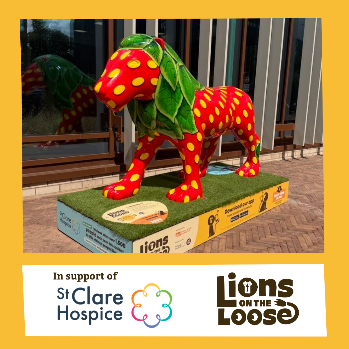 Colorful outdoor sculpture of a lion with a strawberry design, with green leaves on its back, supporting St. Clare Hospice, with a sign encouraging app download and information about the campaign.