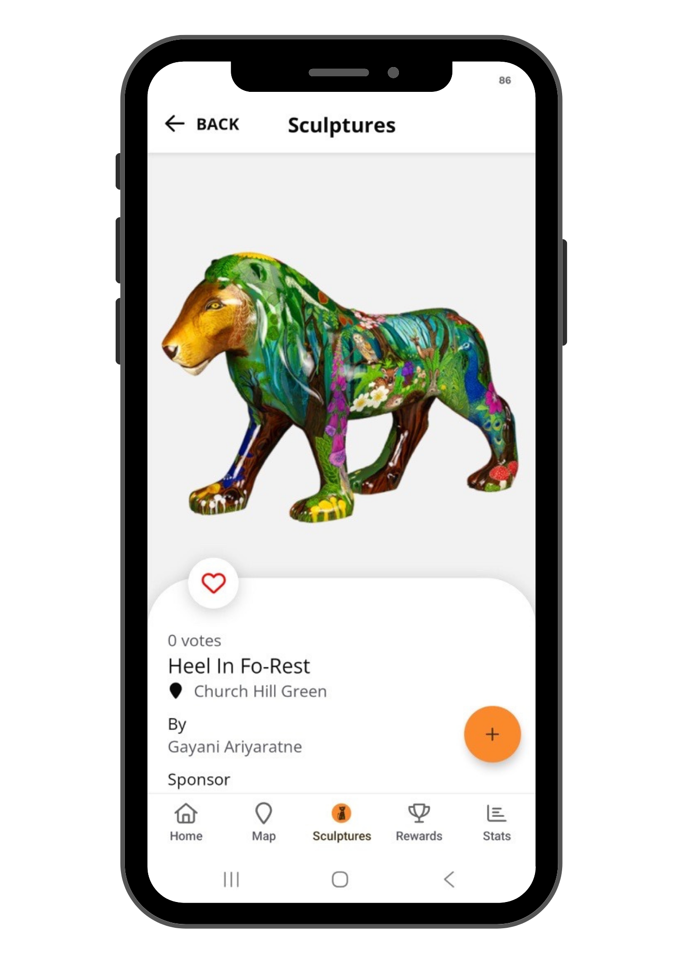 Mobile app screen displaying a digital art sculpture of a lion with colorful, nature-themed patterns. The screen shows the sculpture in the 'Sculptures' section, with options for home, map, rewards, stats at the bottom. The sculpture is titled 'Heel In Fo-Rest' and located at Church Hill Green.