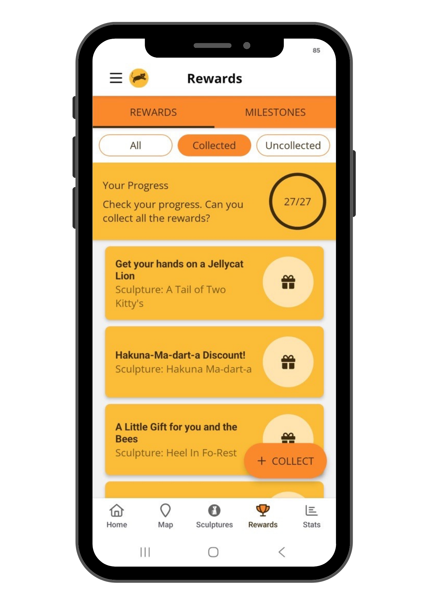 A smartphone screen displays a rewards app with tabs labeled Rewards and Milestones. The Rewards tab is active, filtered by Collected rewards, showing progress and several reward items such as a Jellycat Lion sculpture and a Hakuna Ma-dart-a Discount. The bottom navigation bar has icons for Home, Map, Sculptures, Rewards, and Stats.
