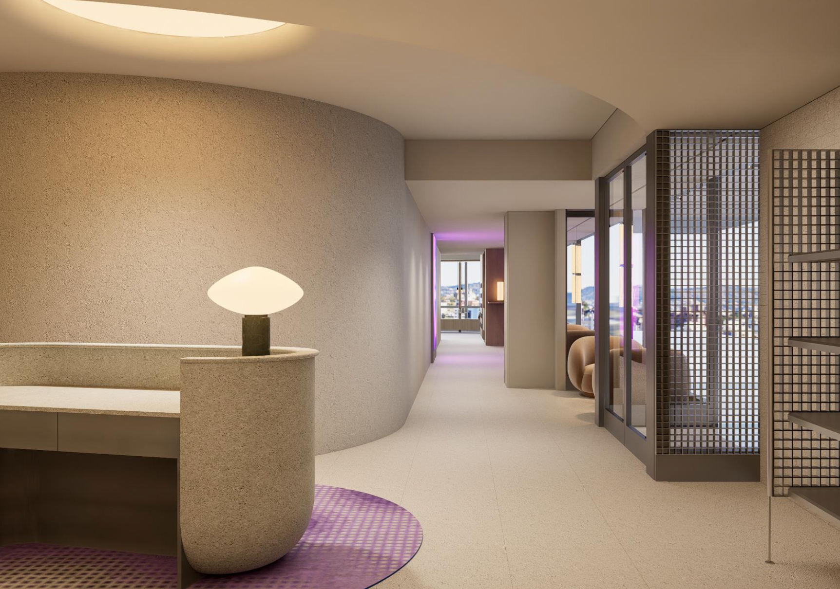 Modern hotel corridor with textured beige walls, a curved wall, a white textured table with a small lamp, and glass doors leading to a sitting area with large windows showing cityscape views.