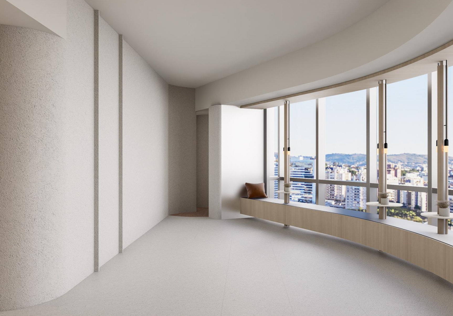 Modern interior space with large panoramic windows overlooking a cityscape, minimal furniture, a pillow, and potted plants on the window seat.