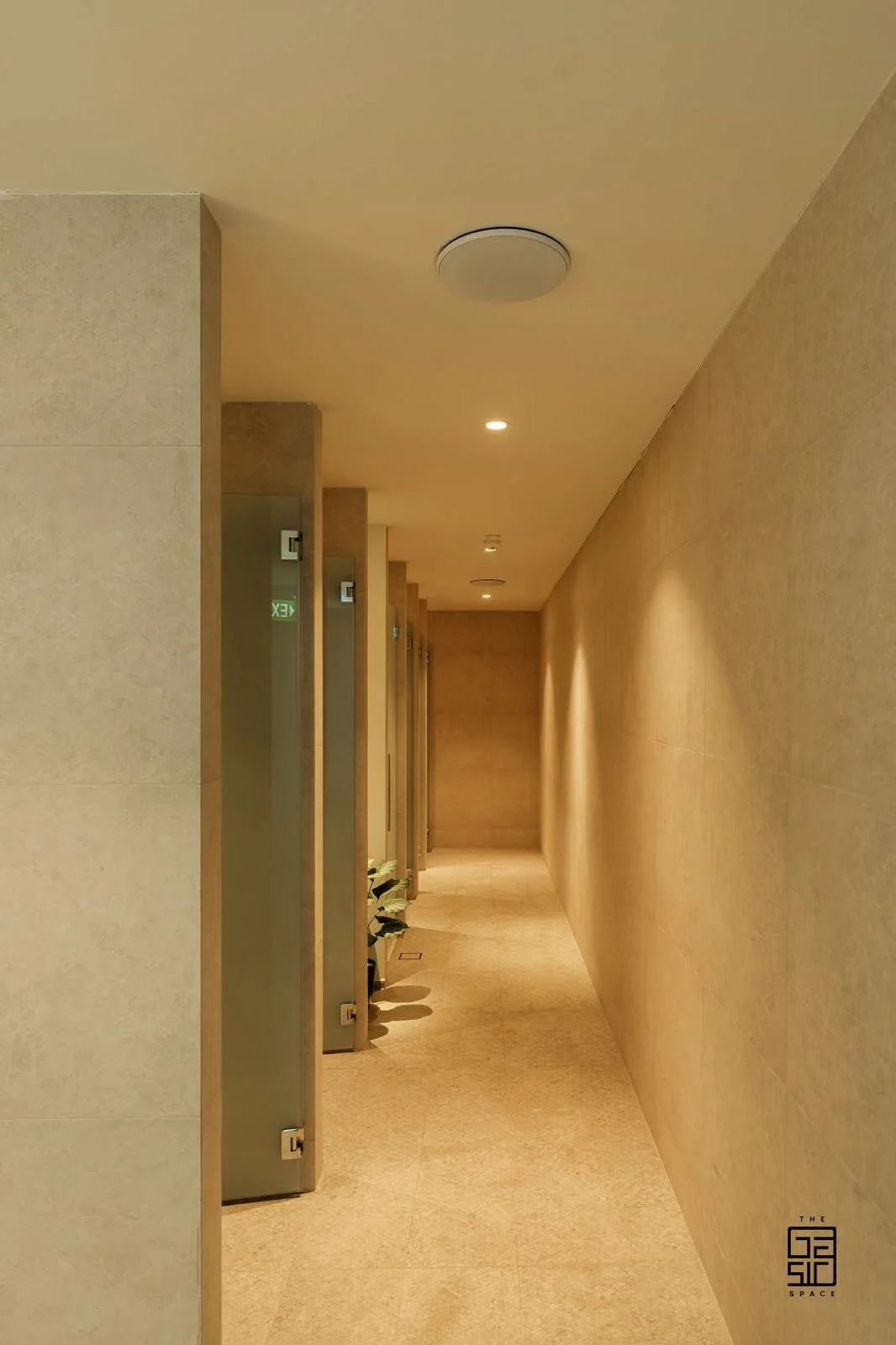 Long beige corridor with a textured wall on the right and several closed doors on the left, with plants placed beside the doors. The corridor is lit by ceiling lights.