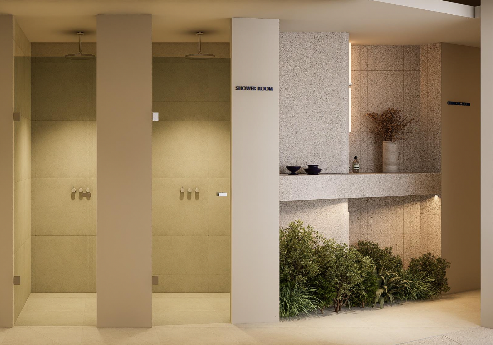 Shower room area with two shower stalls, a sign indicating 'Shower Room,' decorative plants, black bowls, a soap dispenser, and minimalist decor in neutral tones.