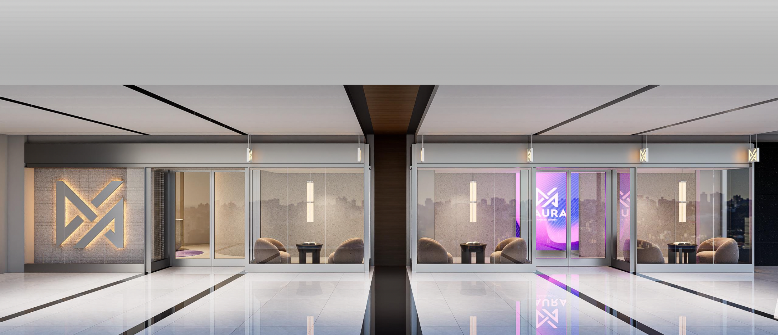 Modern office or lobby area with glass walls, seating, and digital signage displaying the word 'AURA' in purple and blue lights.