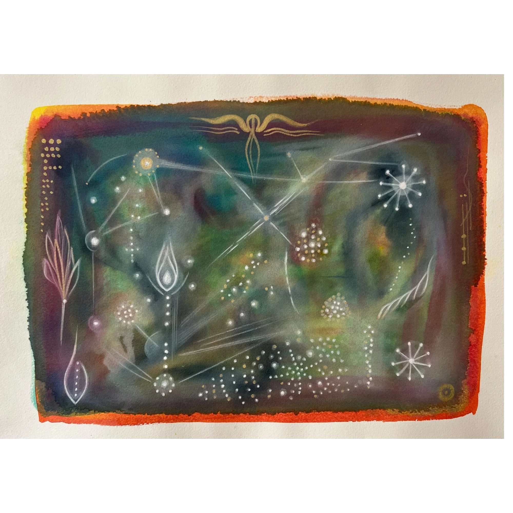 Abstract mixed media artwork Stellar Cartography A3 Open Field Series green gold and orange tones