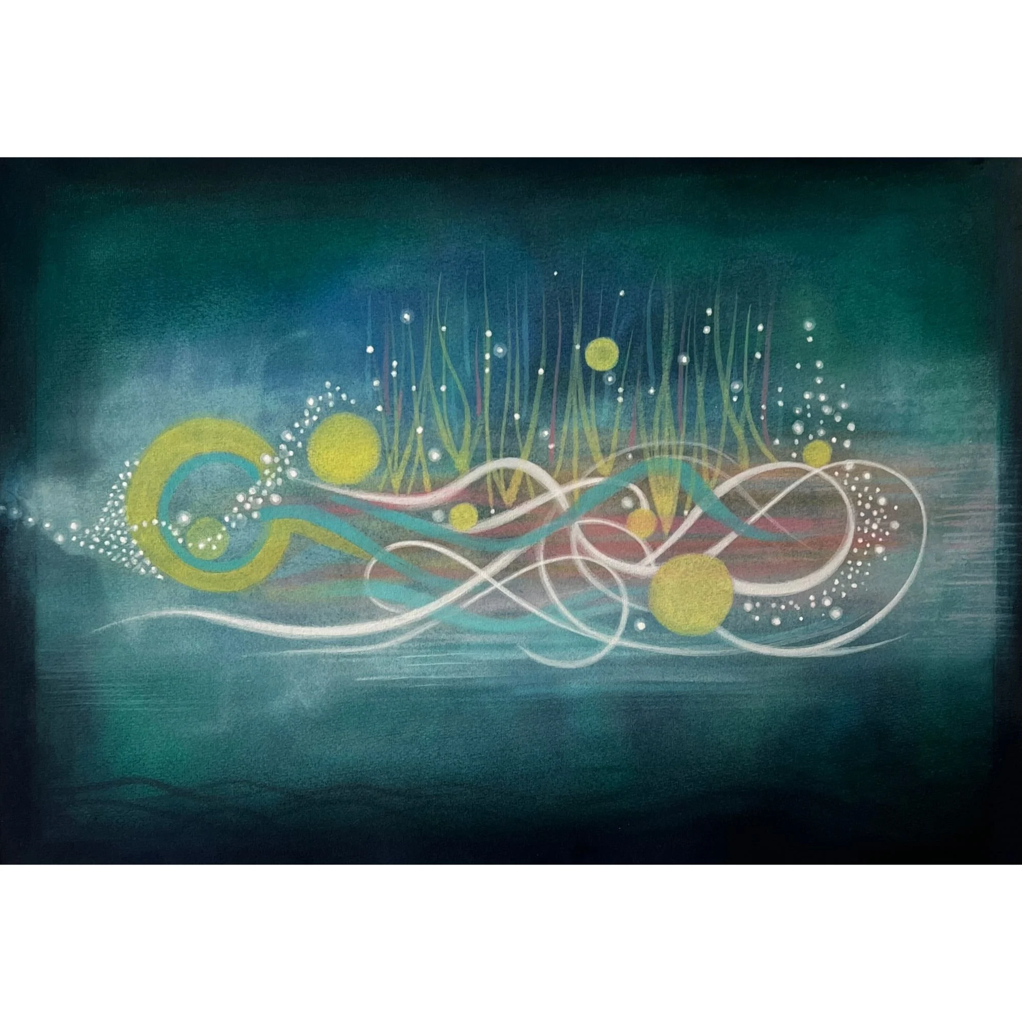 Abstract mixed media artwork Emerald Orbital Field A3 Open Field Series in green yellow peach and white