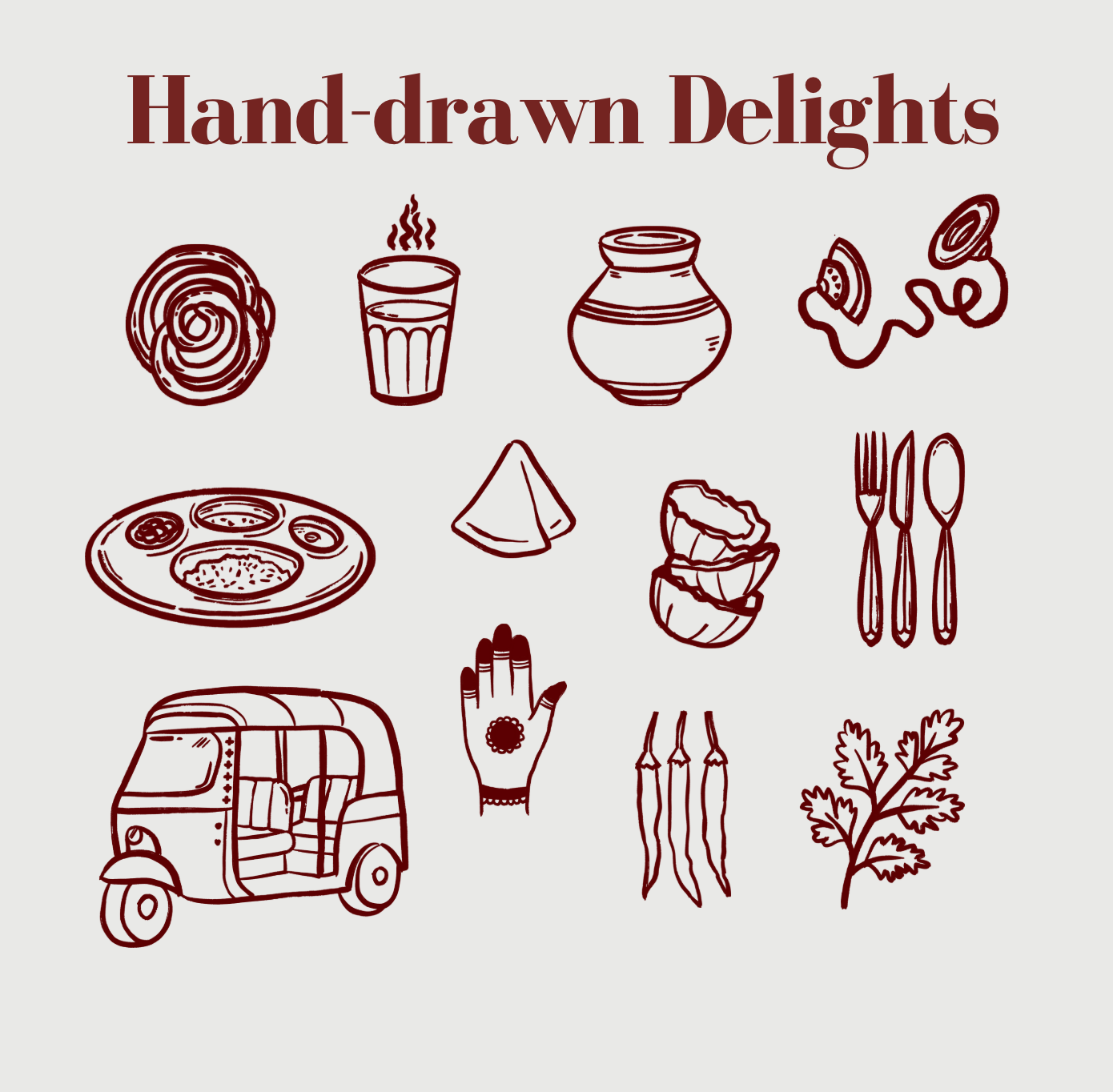 Collection of hand-drawn illustrations of Indian food and items, including a roti, glass of tea, clay pot, string of jasmine flowers, painted hand, plate with various dishes, folded napkin, garlic, cut vegetables, cutlery, van, chili peppers, and cil