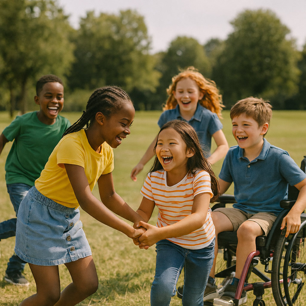 Group of children laughing and playing outdoors on a sunny day, with two girls holding hands and others running behind.