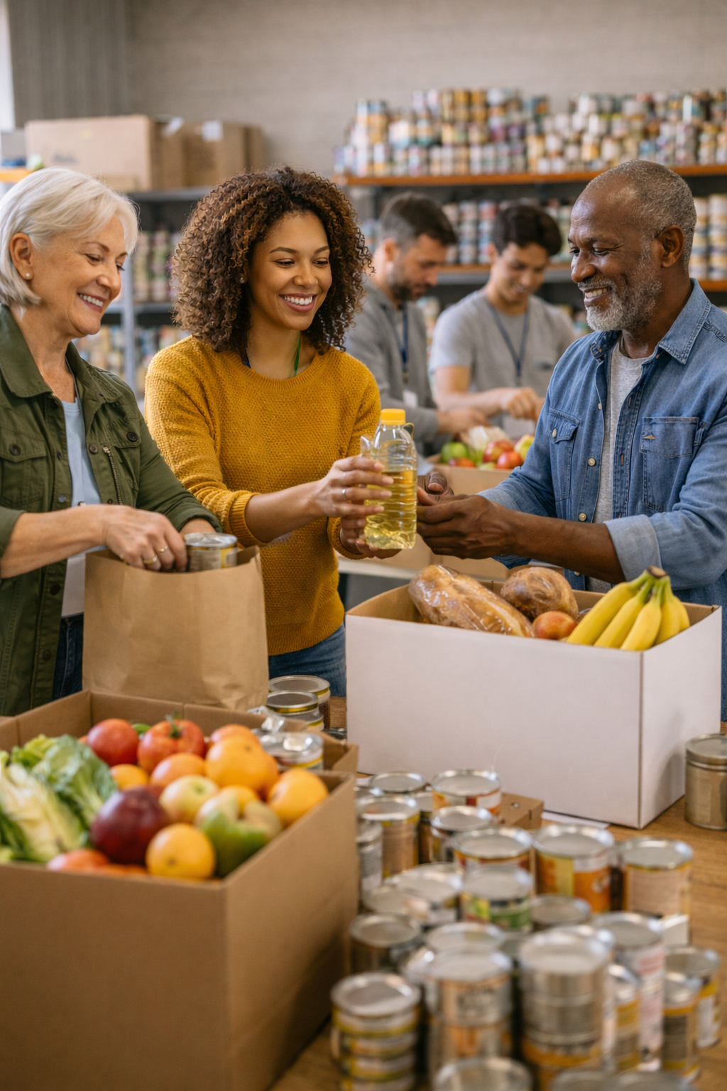 People showing gratitude for groceries at a food bank or community pantry, with shelves of canned goods, fruits, and vegetables in the foreground.