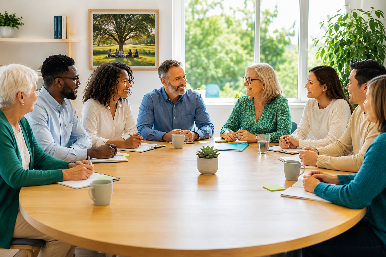 A group of people including survivors, sitting around a circular table, every voice has a seat at the table