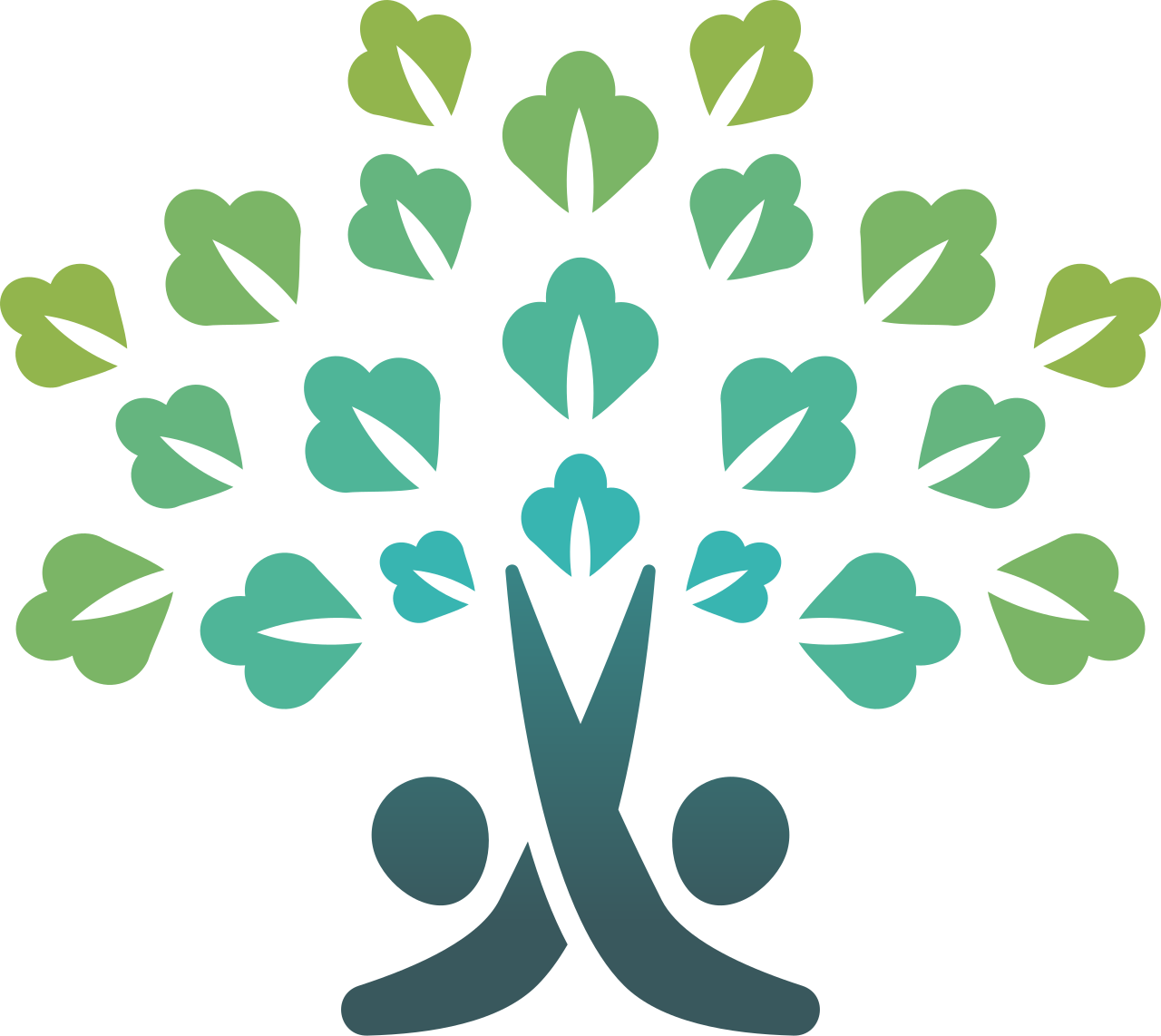 A stylized tree with a dark trunk and branches, and leaves shaped like hearts in shades of green and blue, with two small dark circles at the base of the trunk.