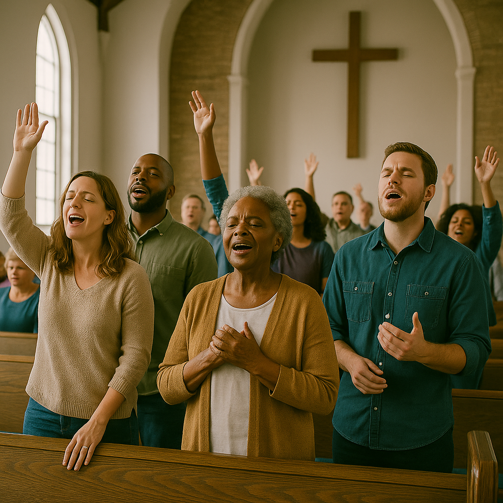 People praying and singing in a church with a cross on the wall behind them.