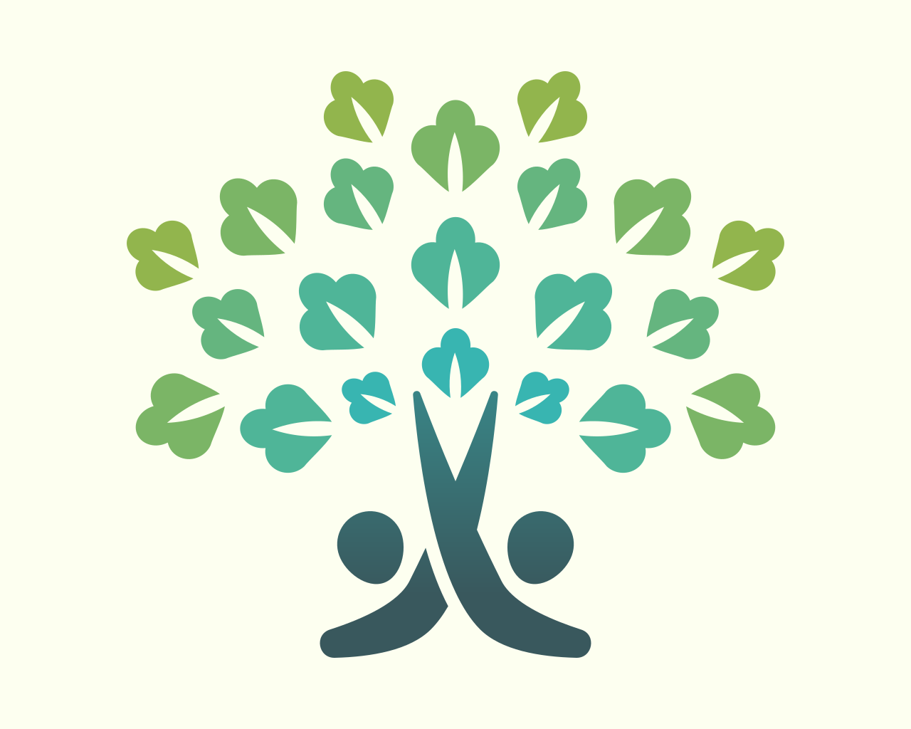 Stylized graphic of two human figures with arms raised, forming a tree with leaf-shaped elements in green and teal colors.