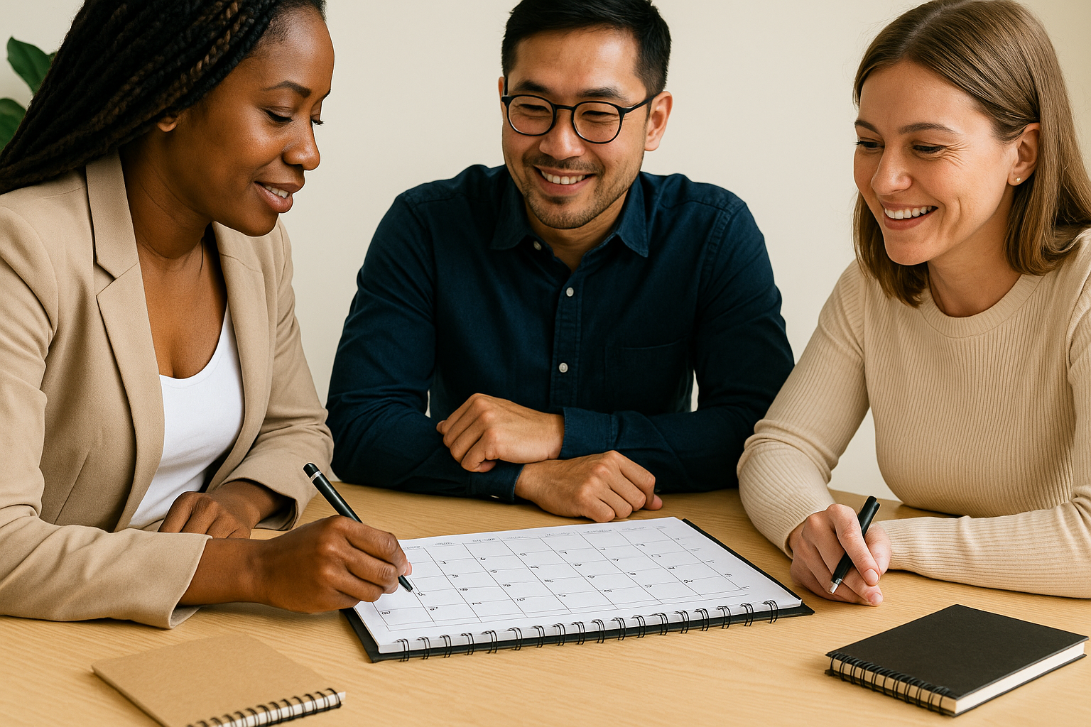 Three people sitting at a table, smiling, with a large calendar and notebooks, planning or scheduling together.