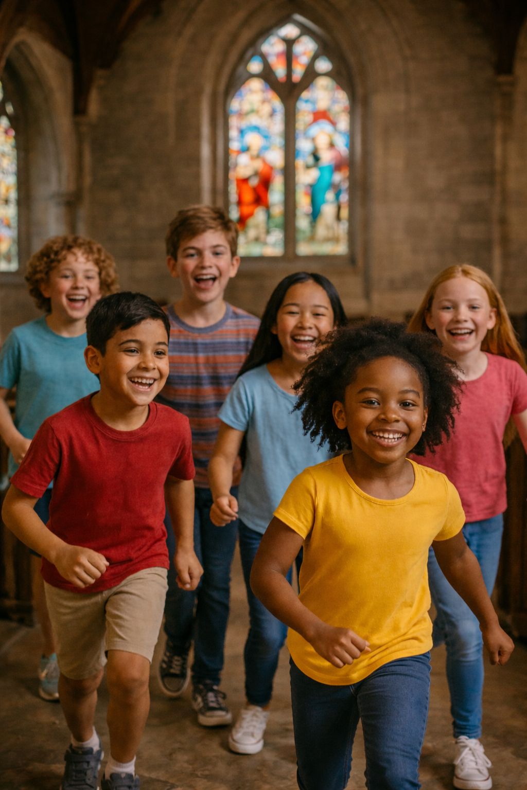 Kids running and smiling inside a church with stained glass windows.