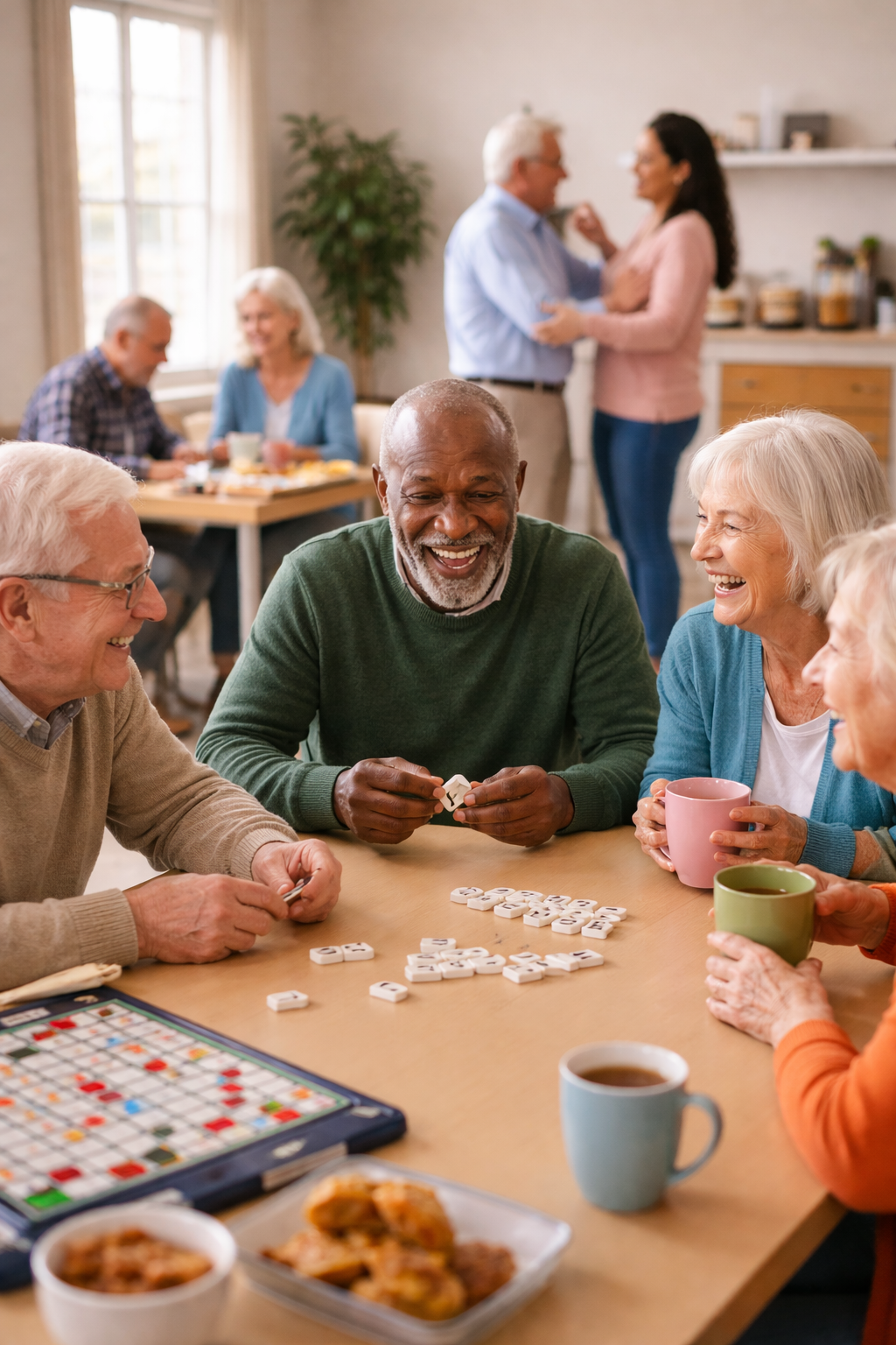 A group of elderly people enjoying a game of bingo at a table with drinks and snacks, while with another couple in the background sharing a dance in a cozy, well-lit room.
