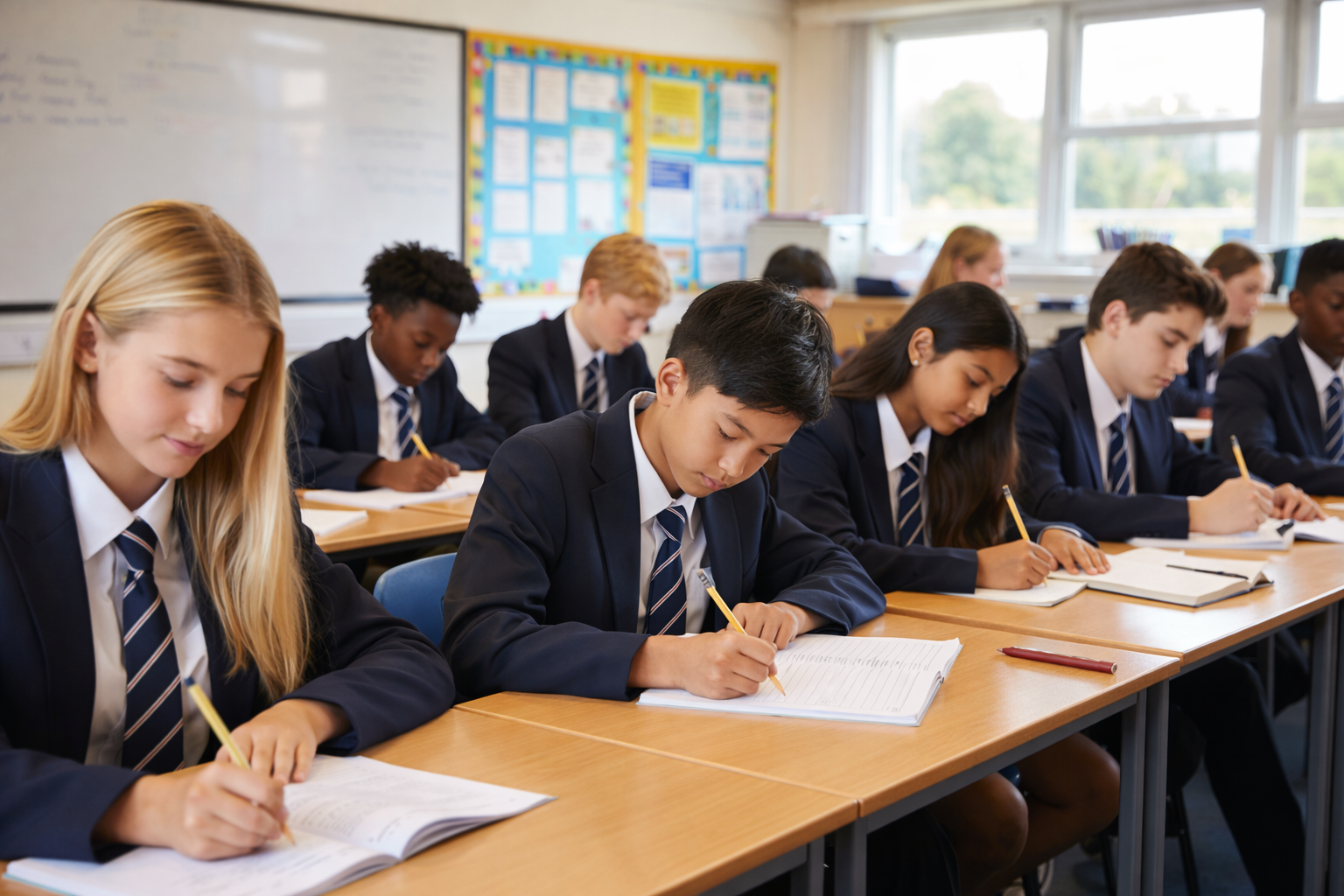 Students in a classroom wearing school uniforms, sitting at desks and taking notes.
