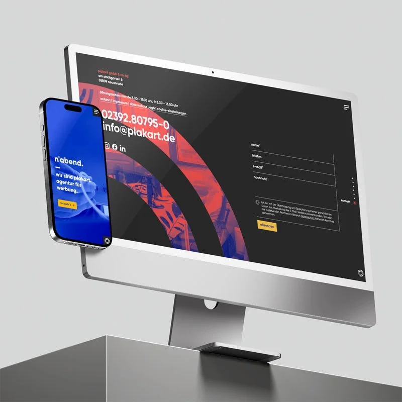 Mockup des Webdesign von plakart im Sauerland. Zu sehen ist ein Macbook und ein iPhone mit der Website