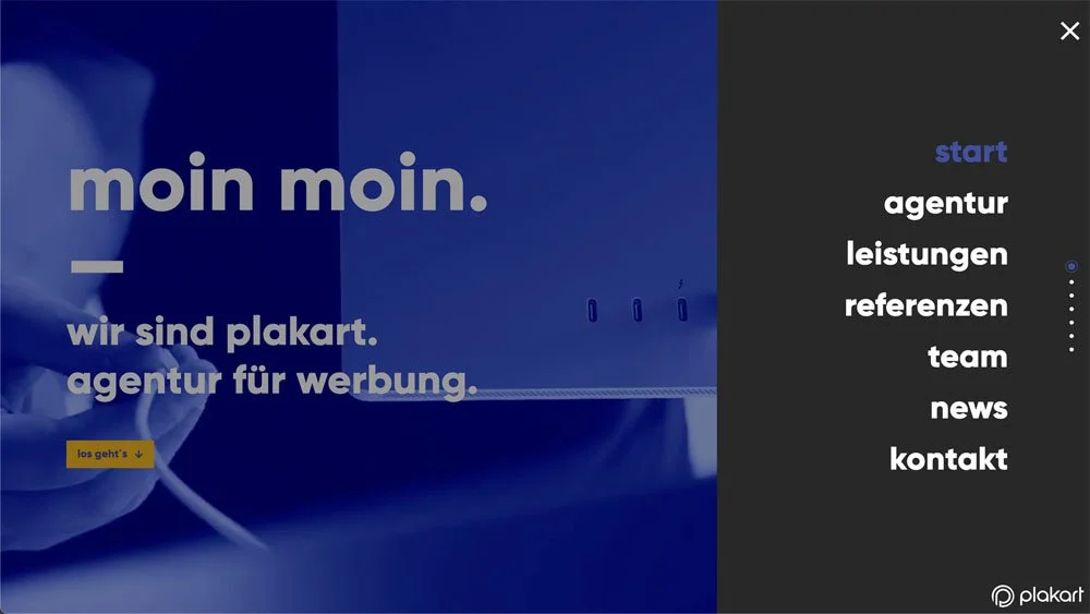 Menü des Screendesigns der Website von plakart. Die Hauptfarbe ist schwarz.