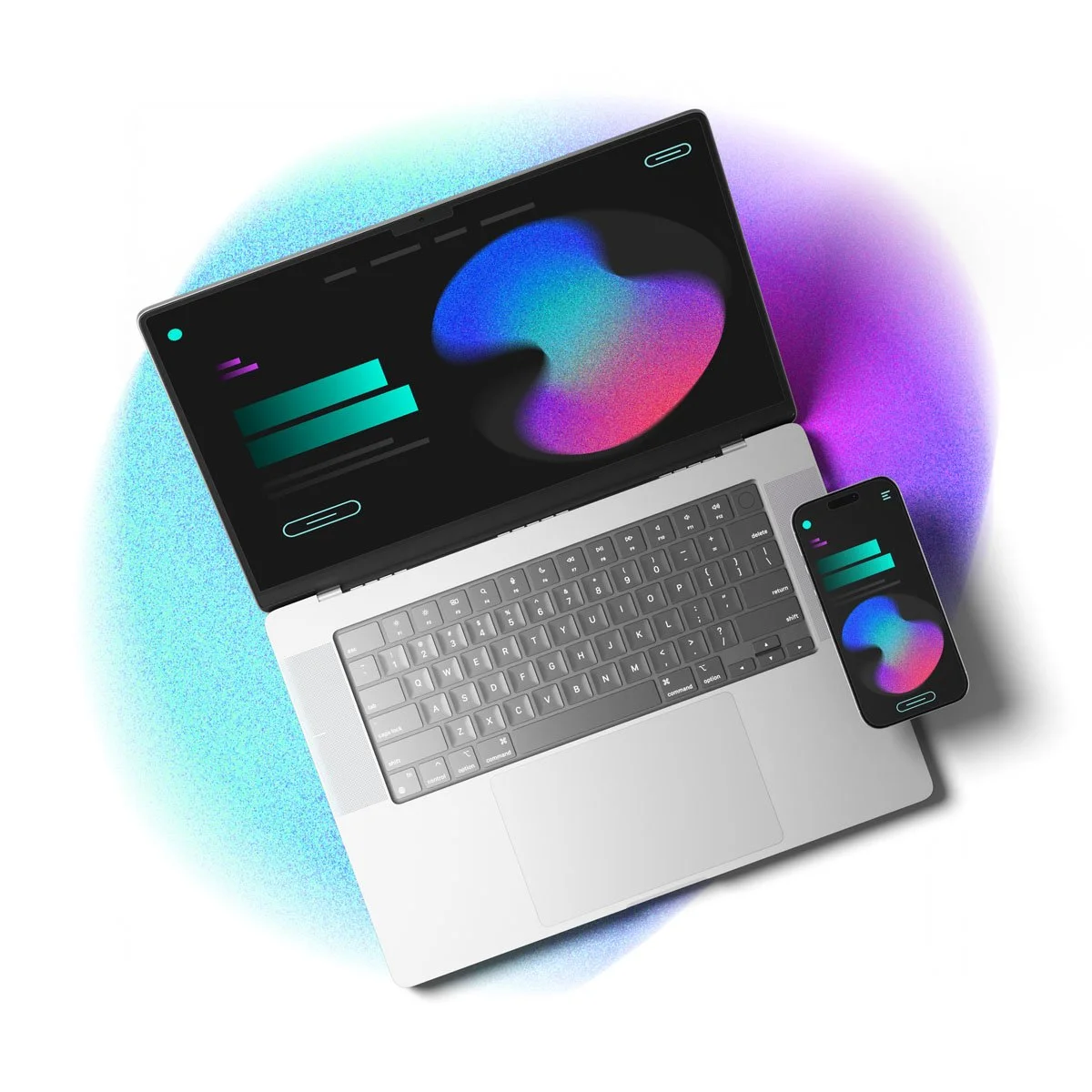 Apple Macbook mit der Homepage einer Website auf einem farbigen Hintergrund