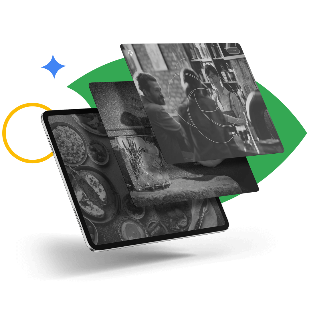 Foto eines Apple iPad mit drei Screens übereinander gestapelt. Auf den Screens sehen wir Websites mit Restaurant Szenen