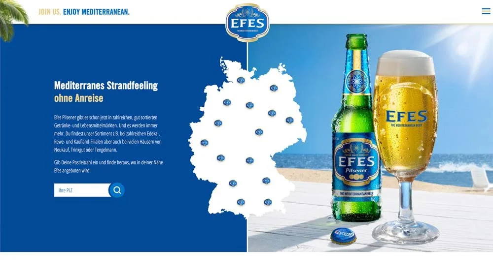 Übersicht der Händler von EFES Deutschland aus dem Screendesign der Website.
