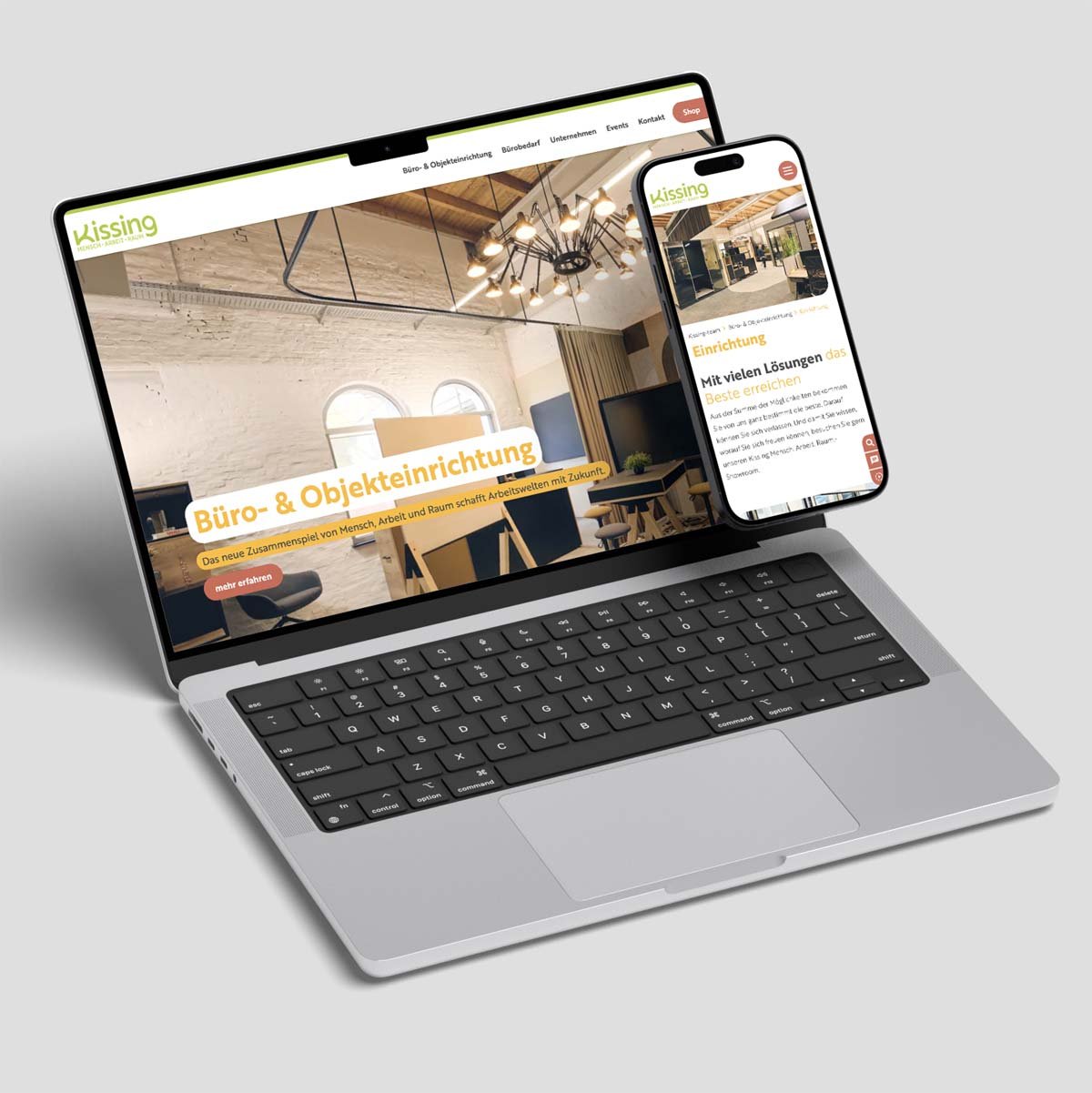 Mockup eines Macbooks und einem iPhone mit der Website von Kissing in Menden.
