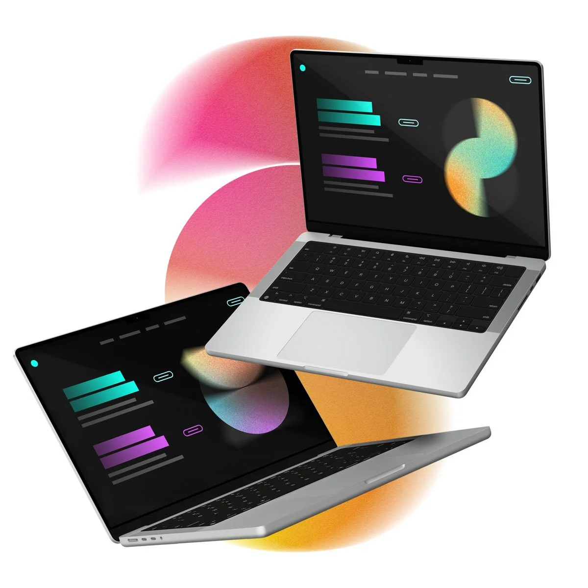 Bild von zwei Macbook die den einfachen Ablauf einer Website Erstellung zeigen mit Farbverläufen