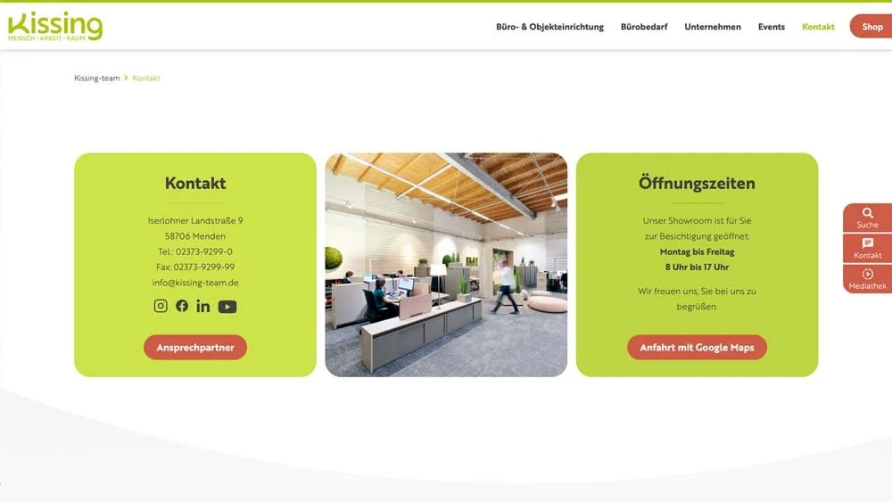 Ansicht der Website von Kissing in Menden. Hier zu sehen der Bereich "Kontakt".