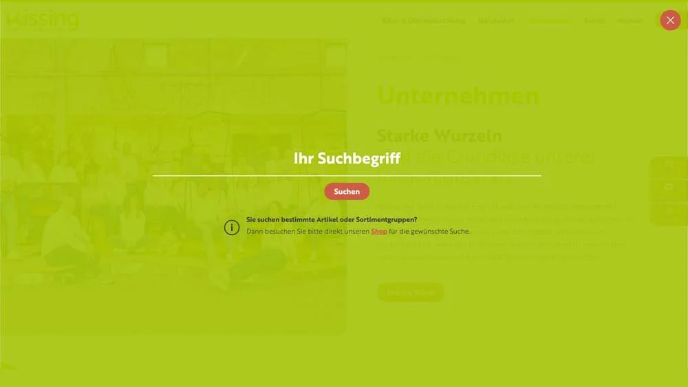 Ansicht der Website von Kissing in Menden. Hier zu sehen der Bereich "Suche".
