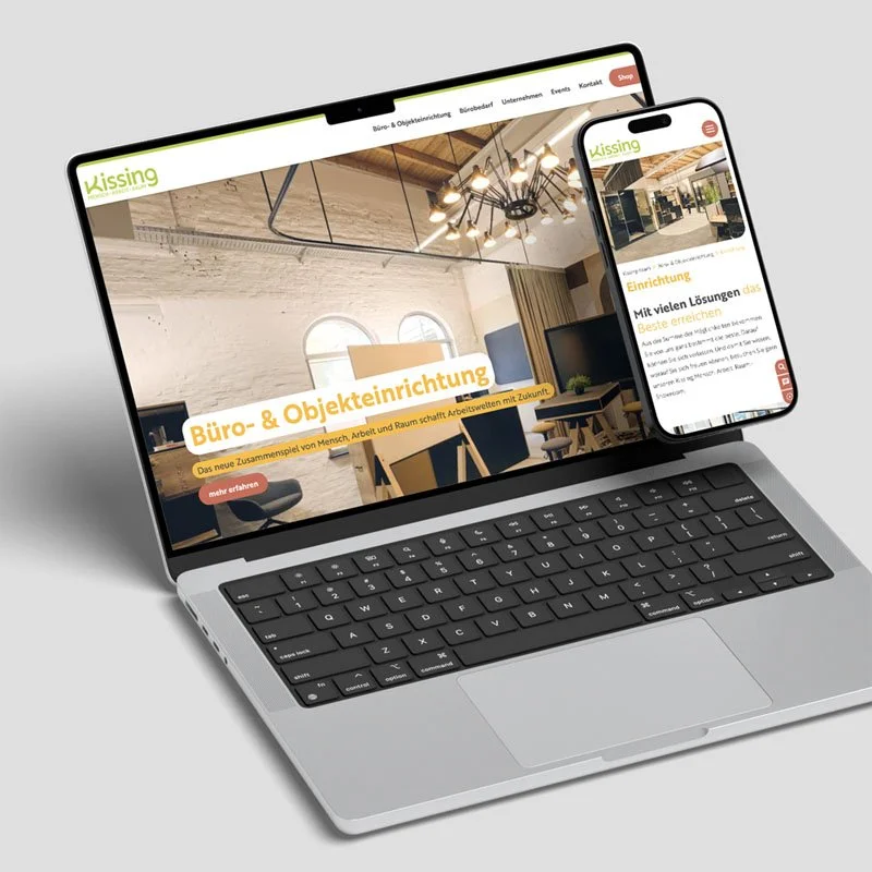 Mockup eines Macbooks und iPhone mit der Website von KISSING in Menden. Pascal hat das Screendesign erstellt