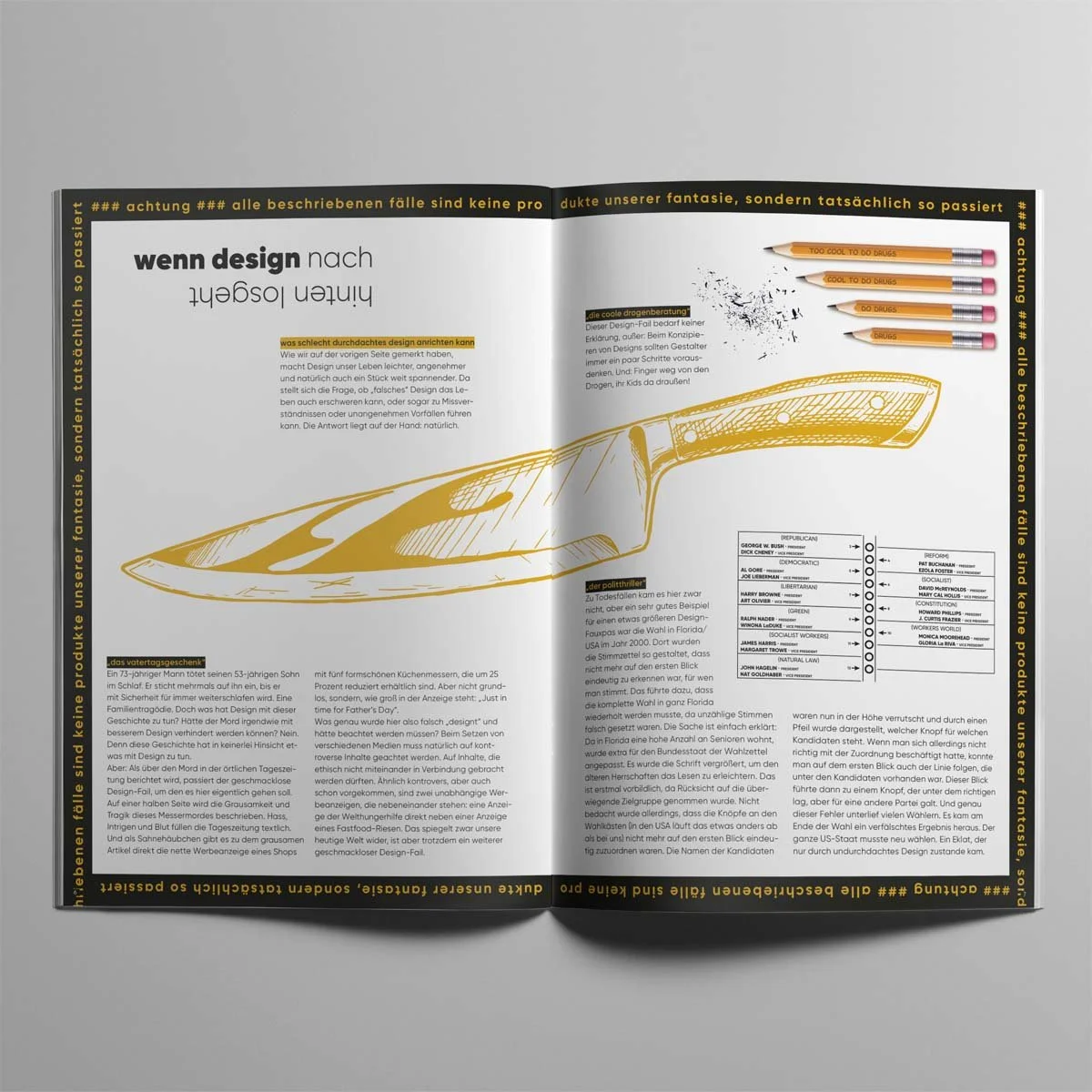 Aufgeschlagene Doppelseite vom Magazin. Editorial Design mit Doppelseite zum Thema "Wenn Design nach hinten losgeht".