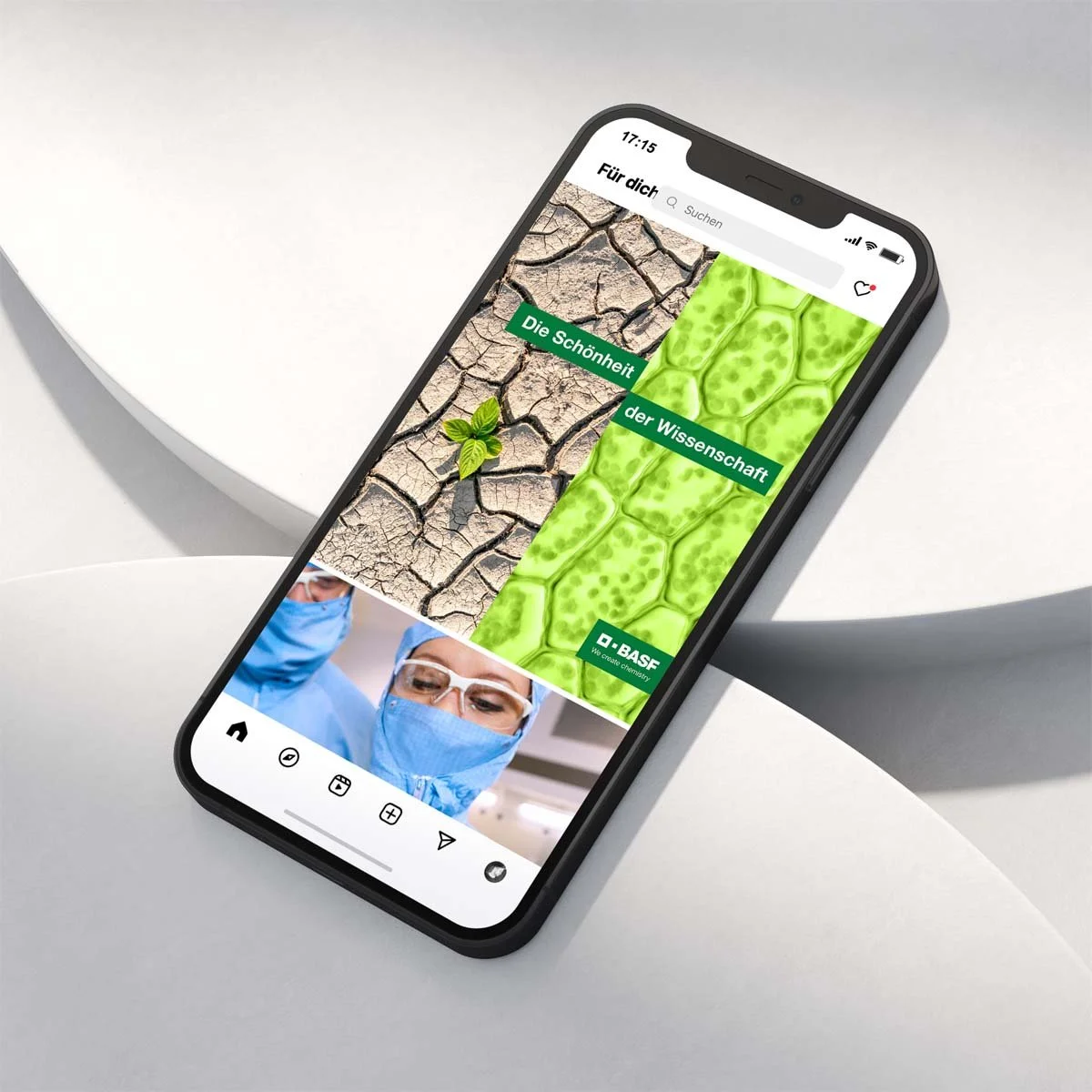 Mockup eines iPhones. Darin zu sehen ein Post vom Instagram Kanal von BASF.