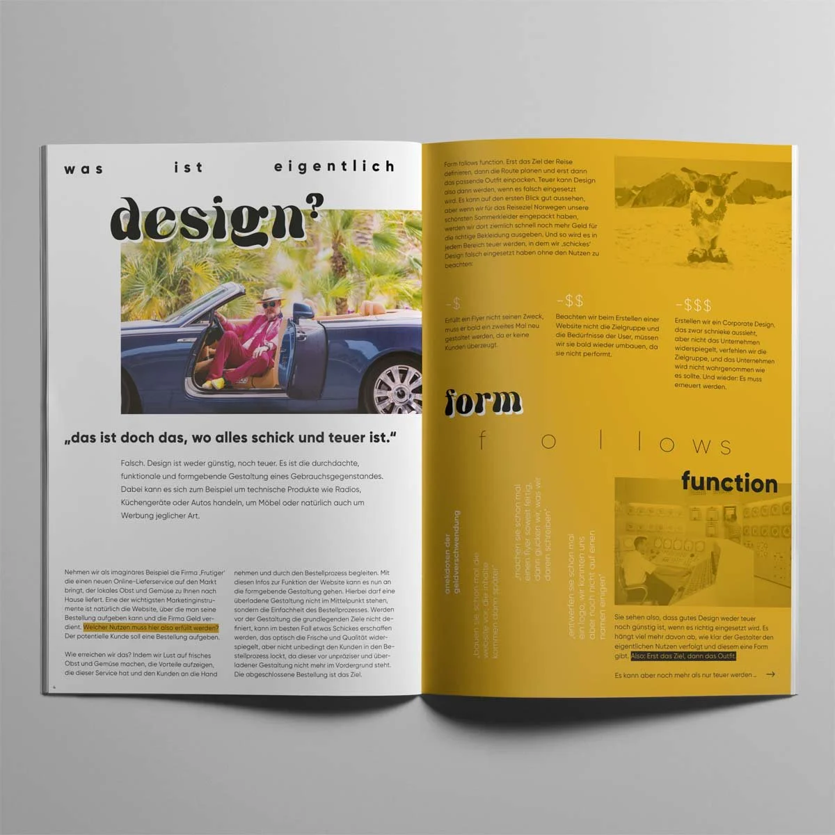 Aufgeschlagene Doppelseite vom Magazin. Editorial Design mit dem Thema "was ist eigentlich design?" Links weiss, rechts gelb.