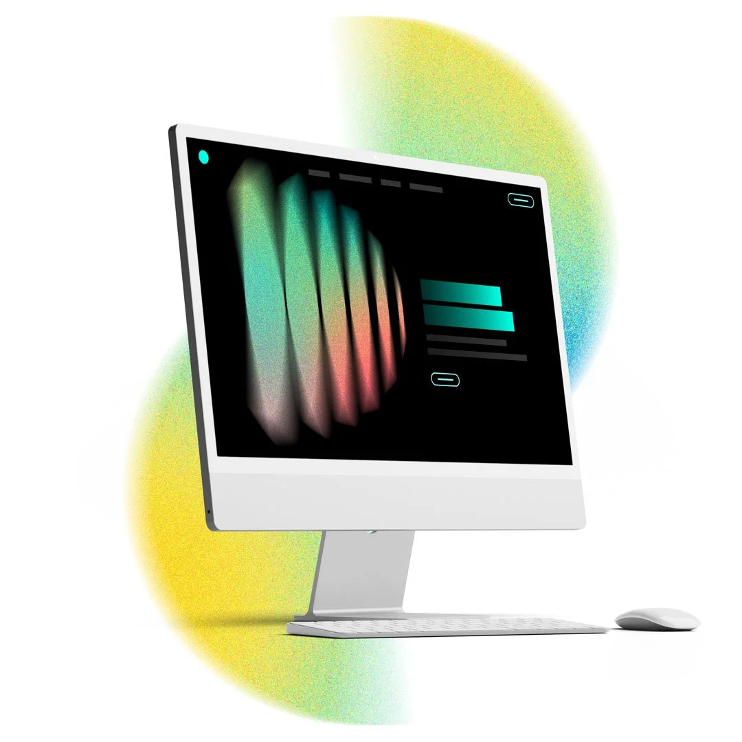 Apple iMac auf dem eine Website zu sehen ist in einem grafischen Stil