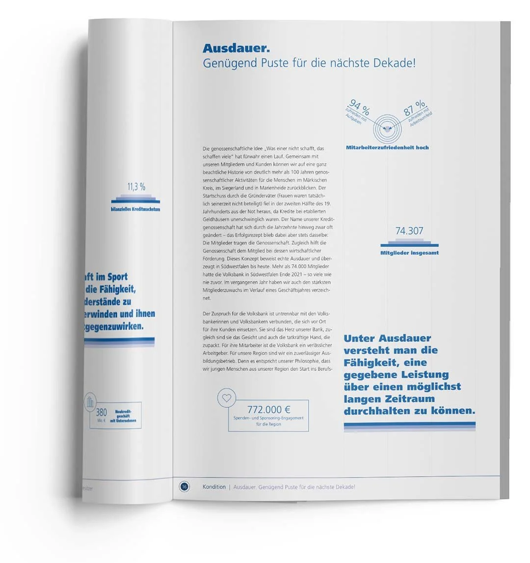 Editorial Design, offene Doppelseite eines Jahresberichts mit Fließtext und Infografiken.