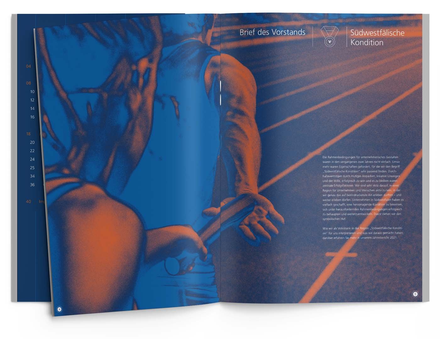 Editorial Design Doppelseite mit zwei Staffelläufern die sich grade den Stab übergeben.