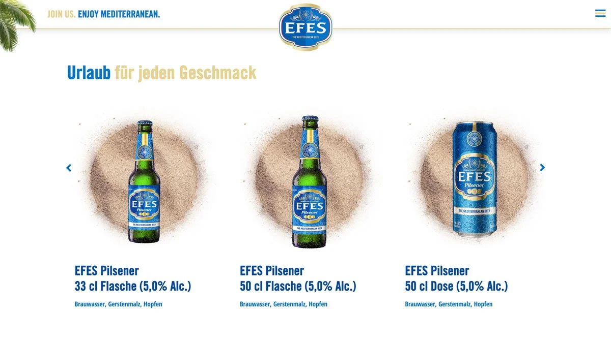 Produktübersicht der Biere von EFES Deutschland aus dem Screendesign der Website.