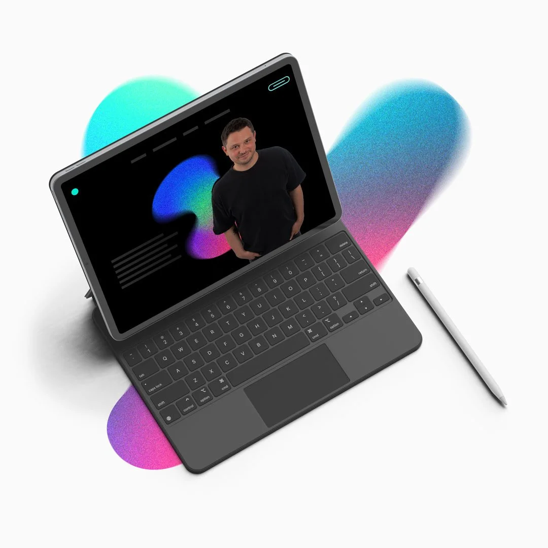 Apple iPad auf einem Farbverlauf und auf dem Screen sehen wir eine Website mit Pascal Salewski als Portrait