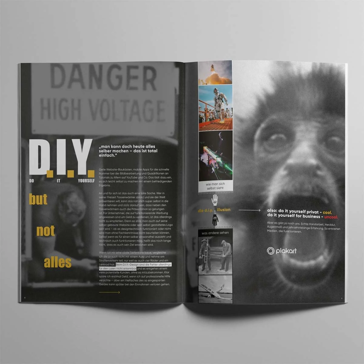 Aufgeschlagene Doppelseite vom Magazin. Editorial Design mit dem Thema: "DIY but not alles".