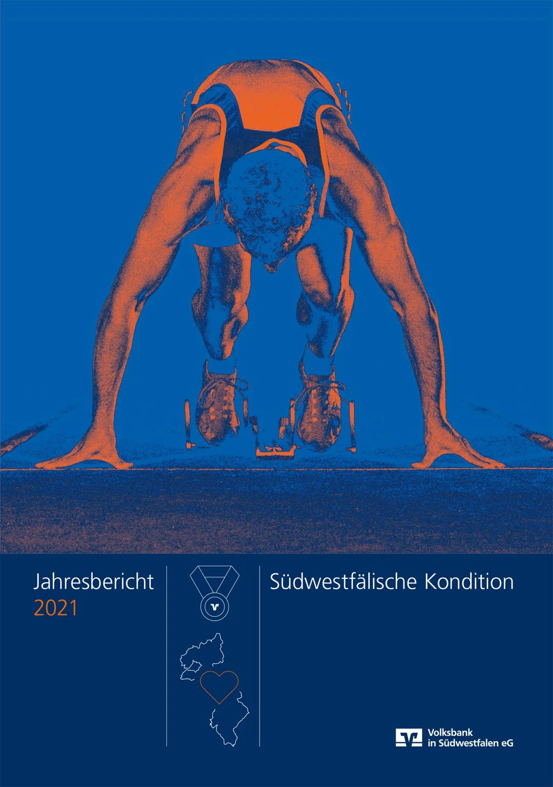 DinA4 Seite eines Titels zum Jahresbericht. Zu sehen ein Layout mit einem startenden Sprinter. Da drunter der Titel und das Logo der Volksbank. Die Farben sind Blau und Orange.