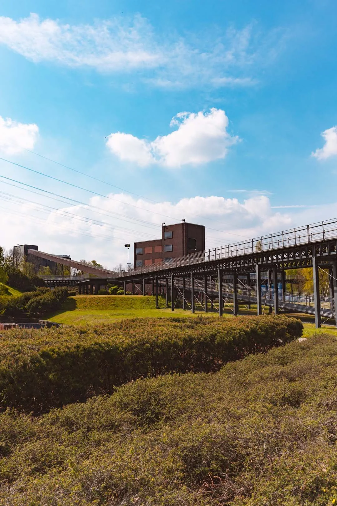 Ruhrgebietsfotografie, mit einem Zechengebäude vom Nordsternpark in Gelsenkirchen. Im Vordergrund grüne Büsche und im Hintergrund blauer Himmel mit ein paar Wolken. Sieht nice aus.