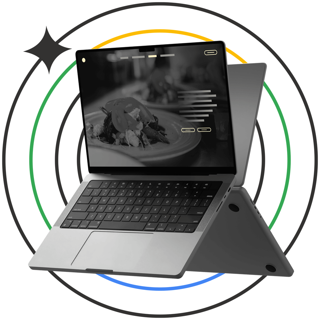 Bild eines Apple Macbook auf dem eine Gastronomie Landingpage mit Essen zu sehen ist