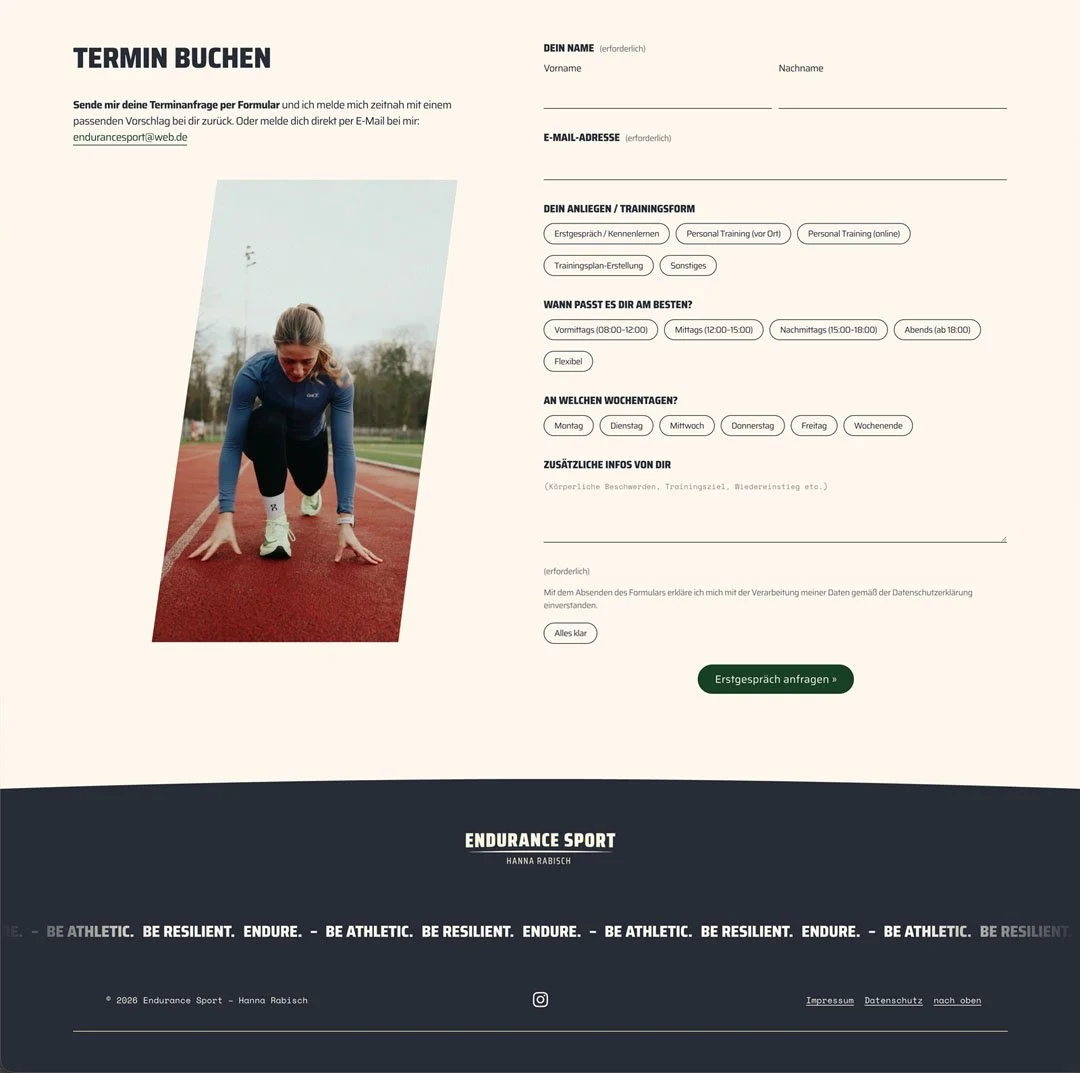 Screenshot vom Kontaktformular der Website von Endurance Sport Hanna Rabisch