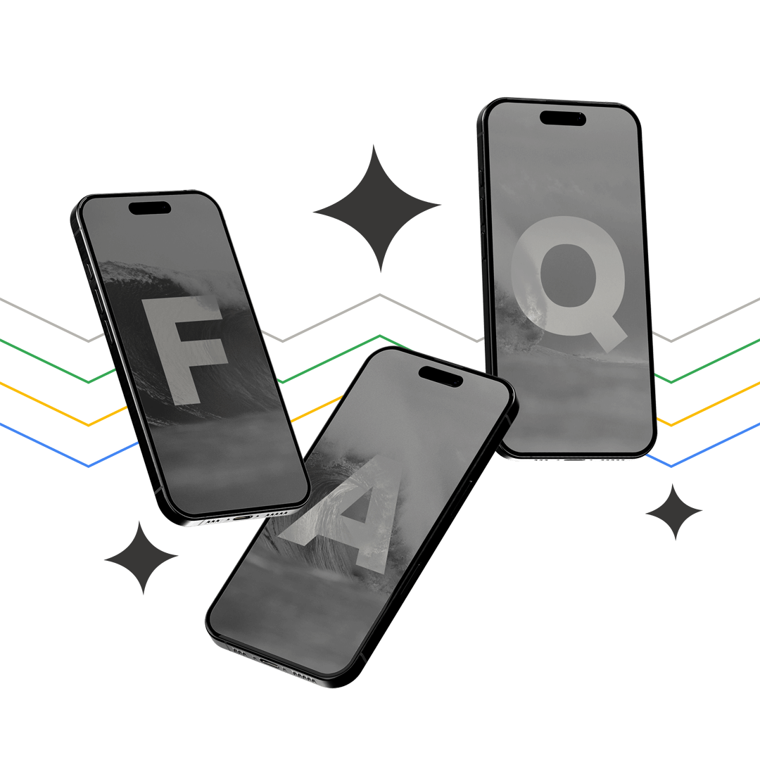 Foto von drei Apple iPhones die in der Luft fliegen. Auf den Displays sind die Buchstaben FAQ zu sehen