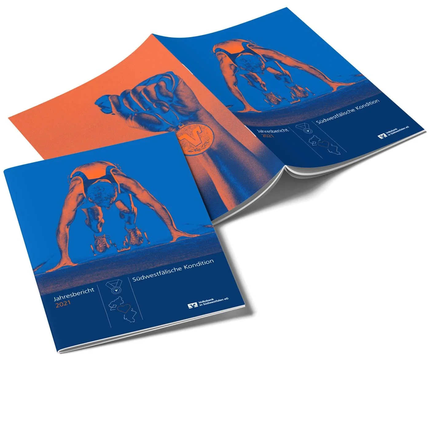 Offener Jahresbericht der Volksbank in Südwestfalen. Auf dem Cover kann man einen Läufer in Startposition sehen, da das Thema des Jahresbericht "Südwestfälische Kondition" lautet. Das Editorial Design spiegelt das wieder